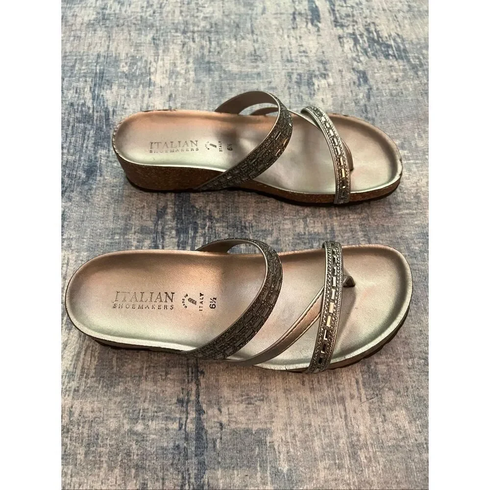 Italian Shoemakers Pewter Metallic Wedge Strappy Sandals Women's 6.5